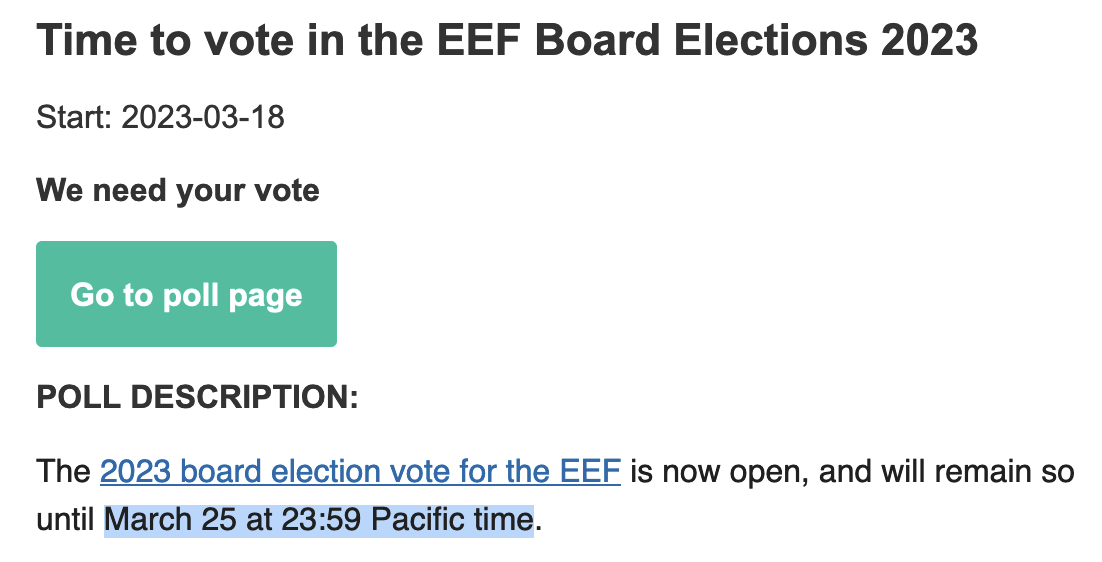 Email poll preview showing the wrong ending date as March 25 at 23:59 Pacific time